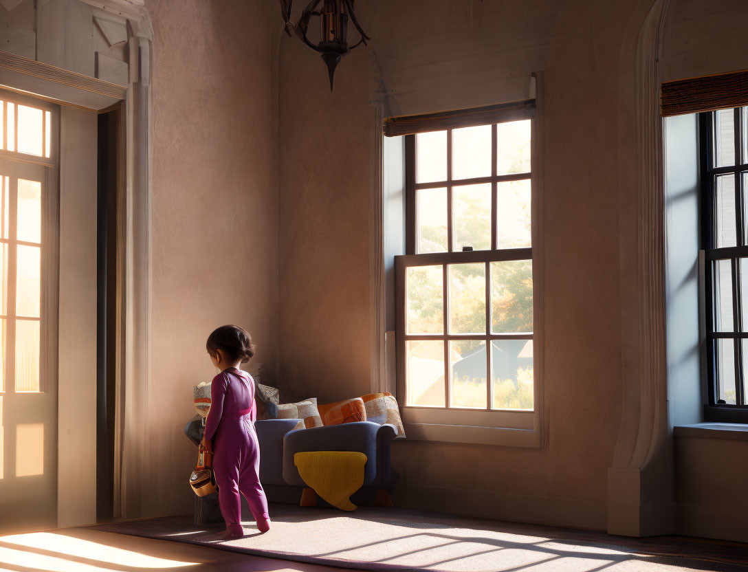 Child in Purple Attire Looking Out Sunny Window in Cozy Room