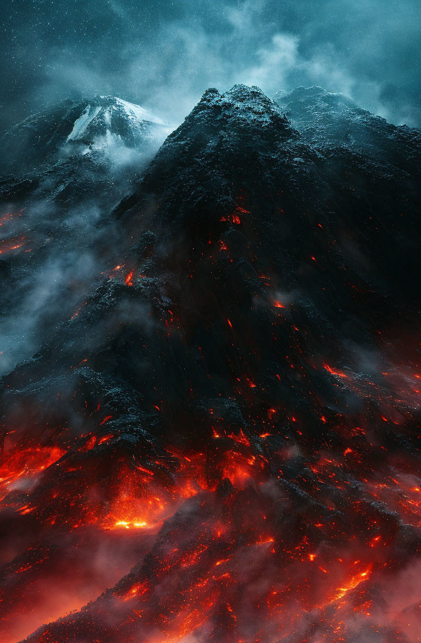 Majestic Volcanic Mountains with Glowing Lava Flows at Night