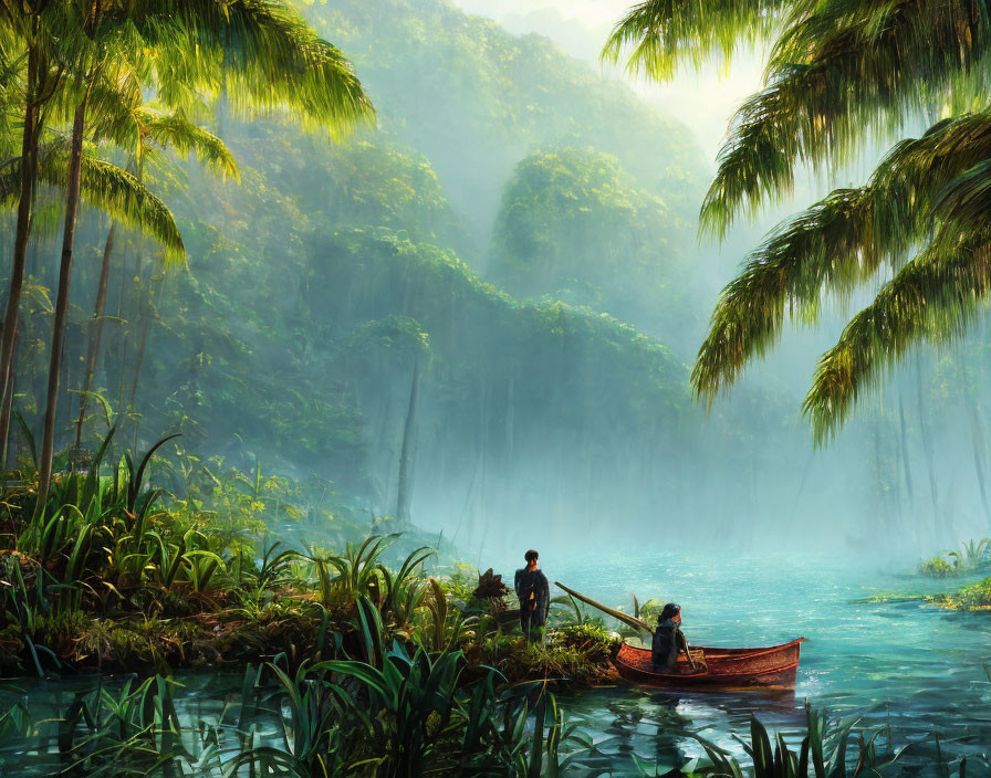 Canoeing on tranquil river with lush greenery and misty mountains