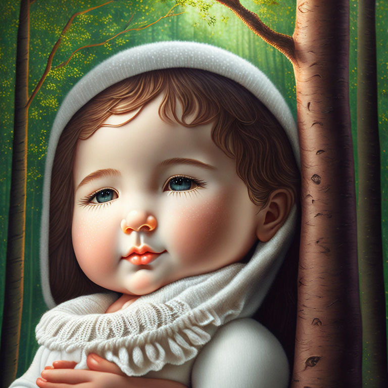 Digital artwork: Toddler with blue eyes in white knit cap and scarf on green forest background