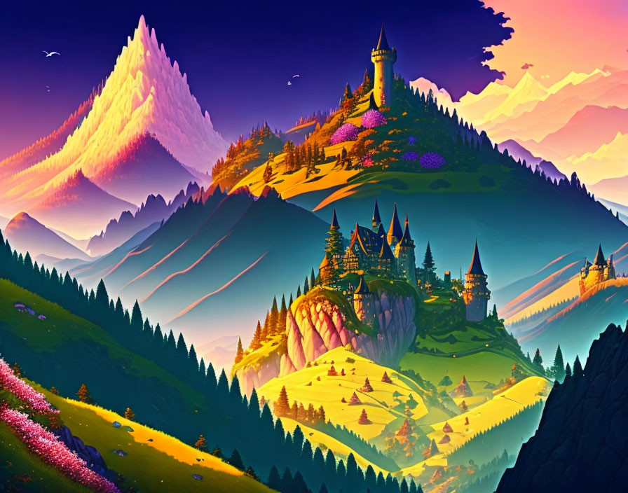 Majestic castles in vibrant fantasy landscape