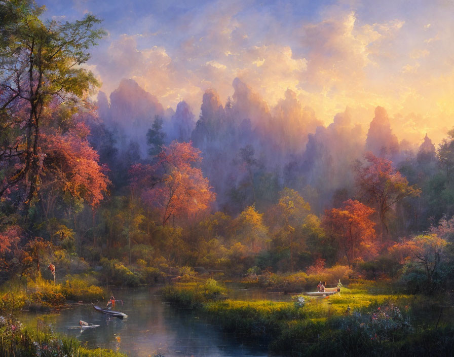 Tranquil forest scene at dawn with misty trees, calm river, boat, and vibrant autumn