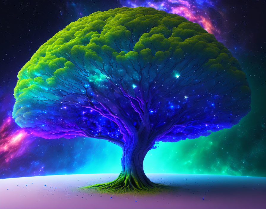 Colorful digital artwork: Tree with neon green foliage under cosmic sky.