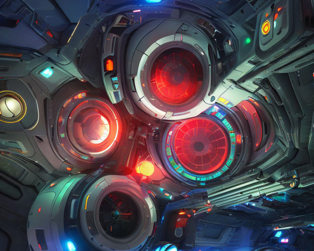 Futuristic Spaceship Interior with Illuminated Control Panels & Circular Airlock Doors