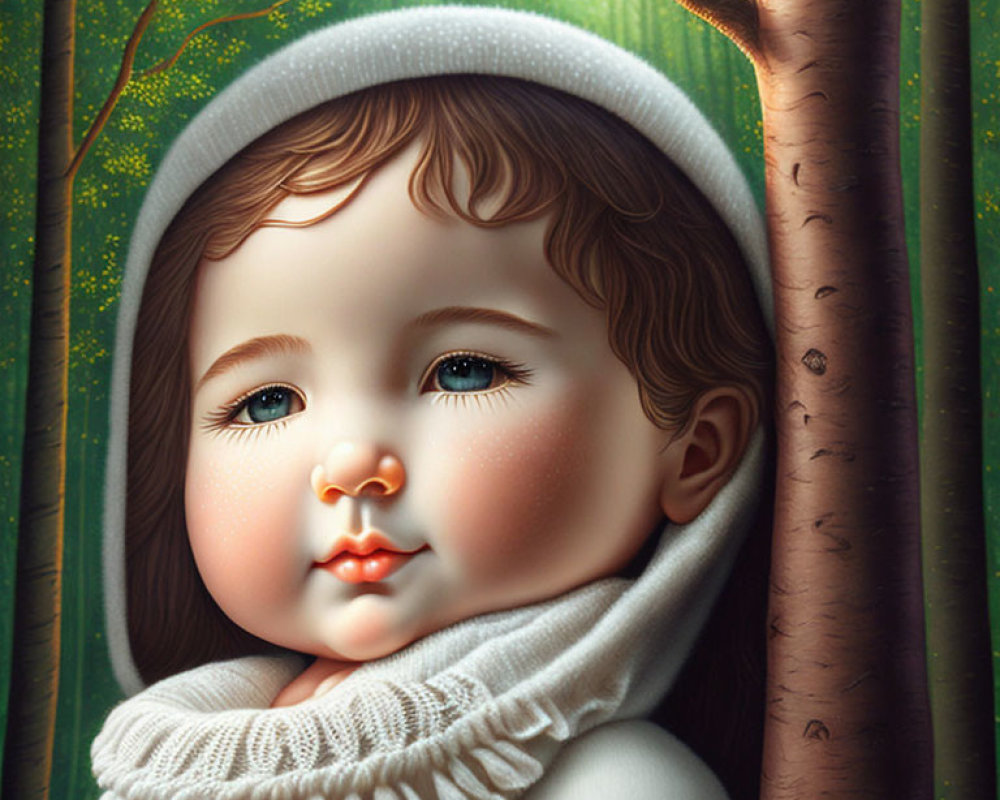 Digital artwork: Toddler with blue eyes in white knit cap and scarf on green forest background