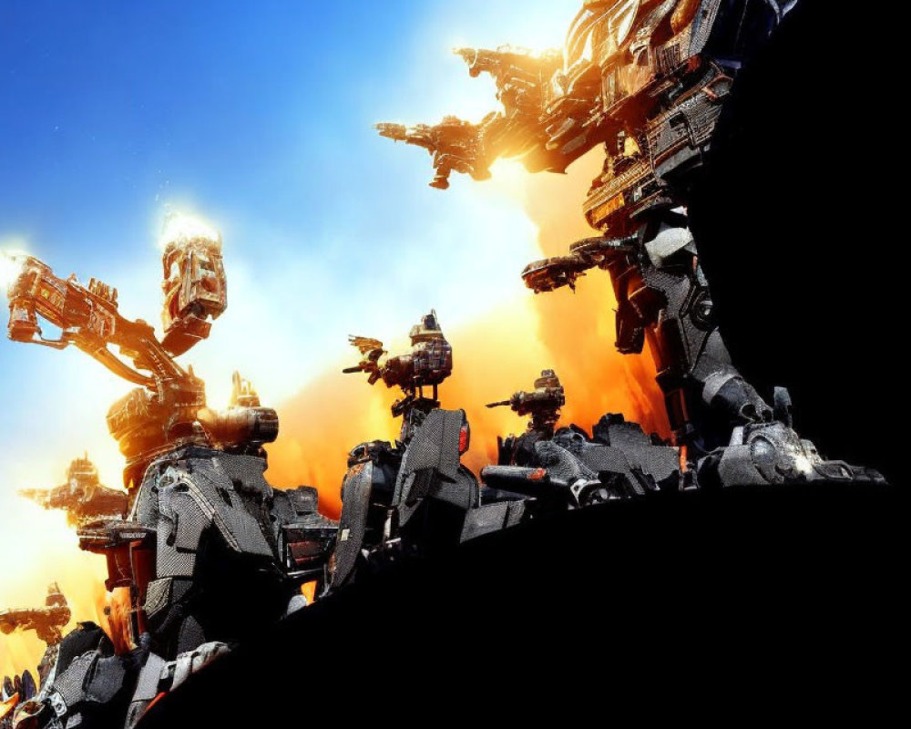 Massive robots in explosive battlefield under vivid blue sky.