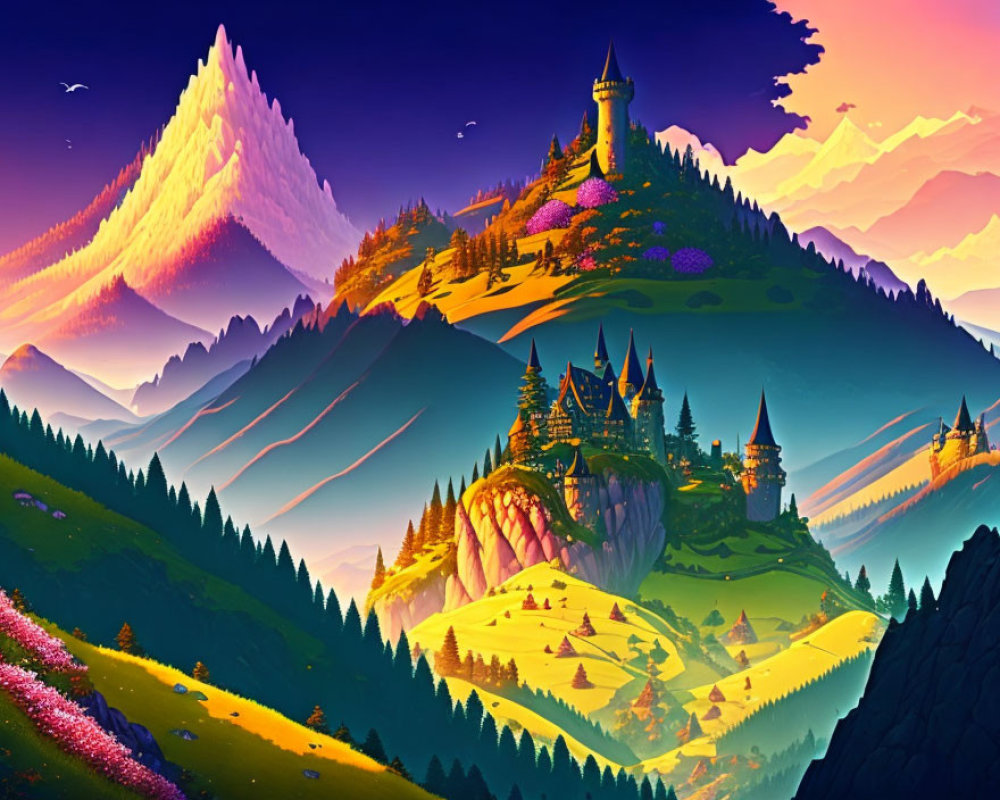 Majestic castles in vibrant fantasy landscape