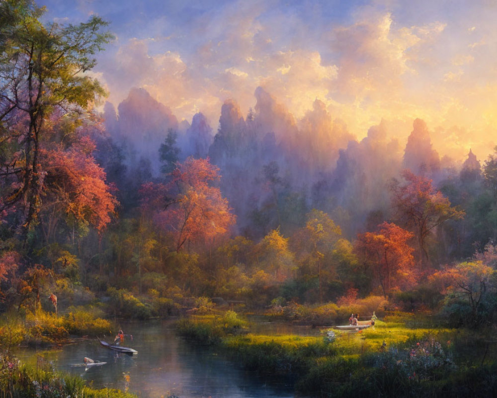 Tranquil forest scene at dawn with misty trees, calm river, boat, and vibrant autumn