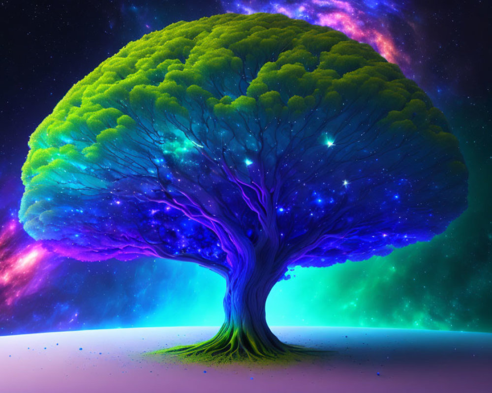 Colorful digital artwork: Tree with neon green foliage under cosmic sky.