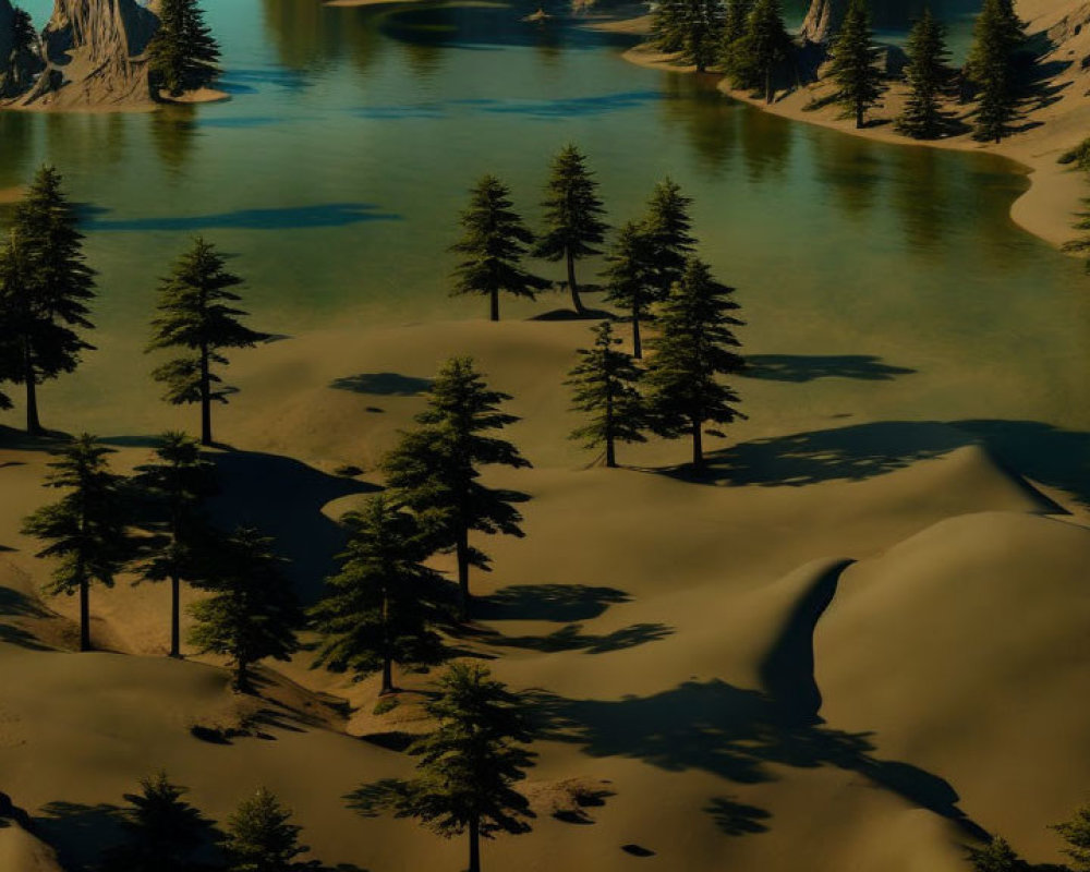 Tranquil river landscape with sandy terrain and coniferous trees at sunrise or sunset