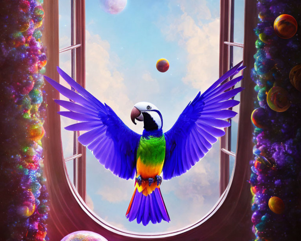 Colorful Parrot Flying in Room with Cosmic Window