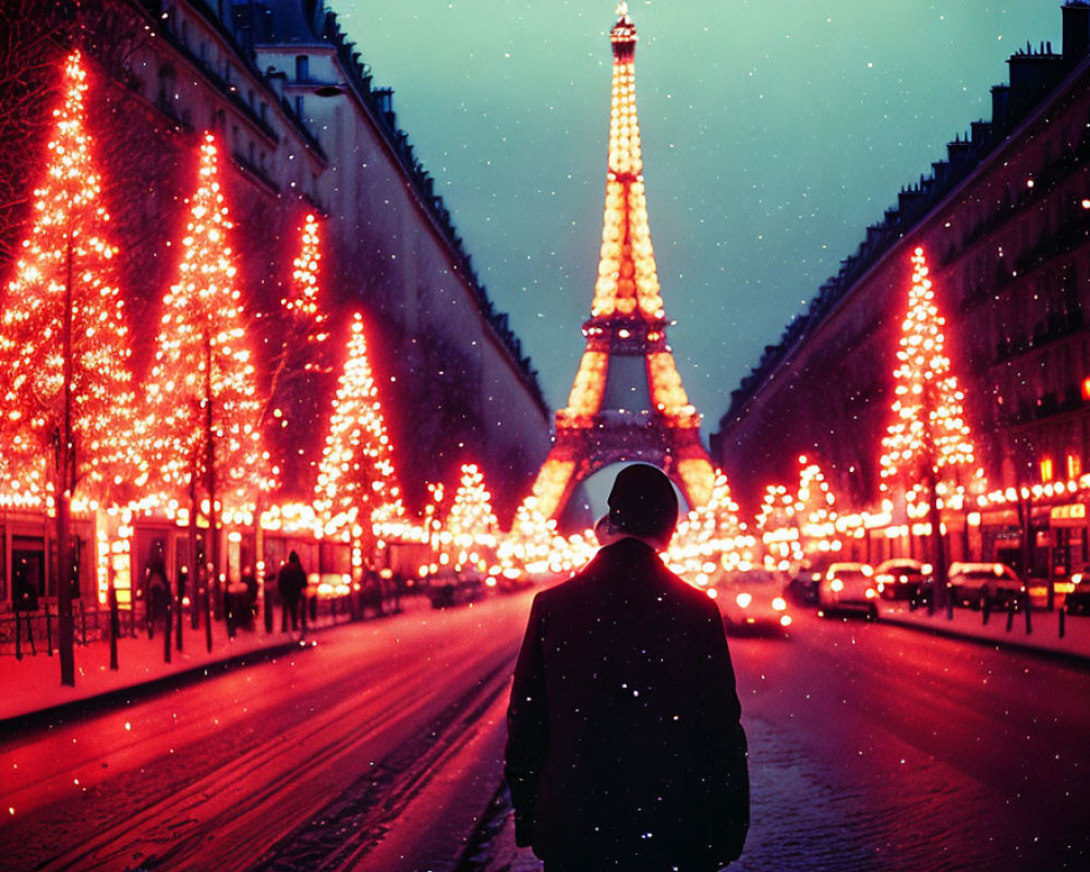 Snow-covered street scene with illuminated Eiffel Tower at night