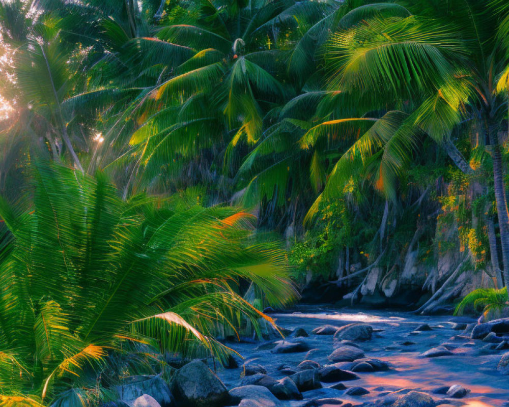 Lush Palm Trees and Tranquil River in Tropical Setting