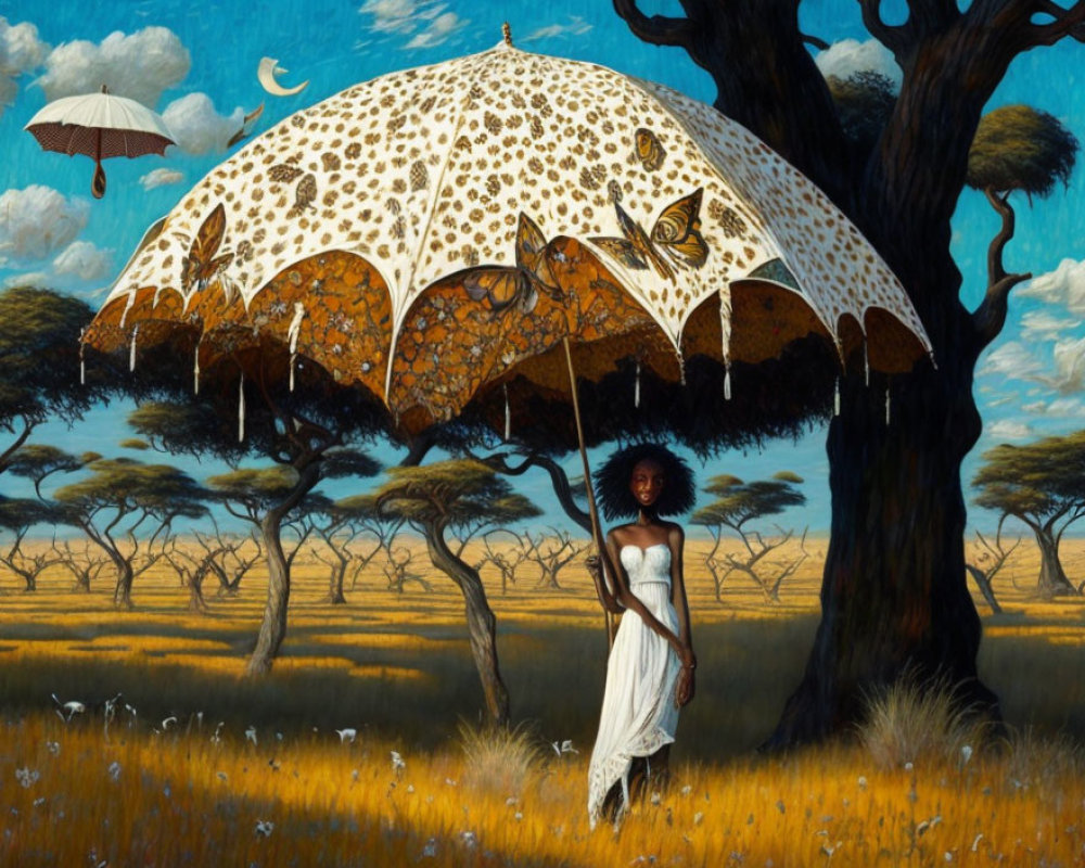 Woman under whimsical butterfly and giraffe pattern umbrella in African savanna landscape