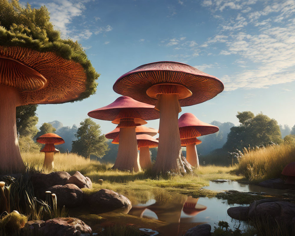 Tranquil landscape with oversized mushrooms by calm water, lush trees, and clear blue sky