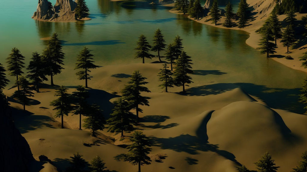 Tranquil river landscape with sandy terrain and coniferous trees at sunrise or sunset