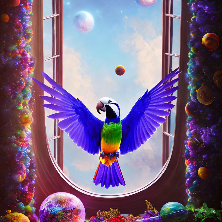 Colorful Parrot Flying in Room with Cosmic Window