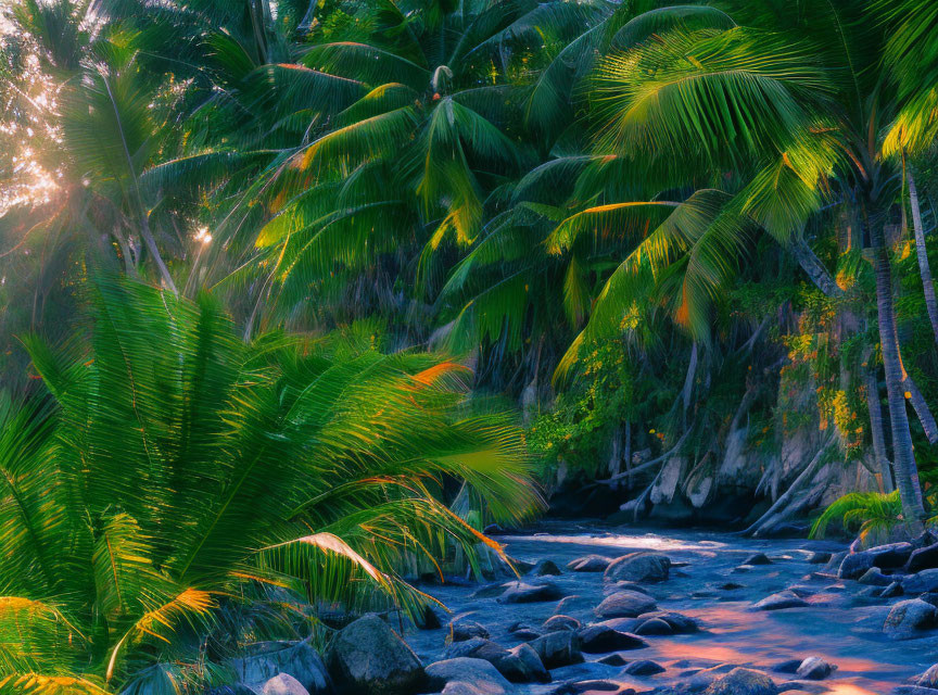 Lush Palm Trees and Tranquil River in Tropical Setting