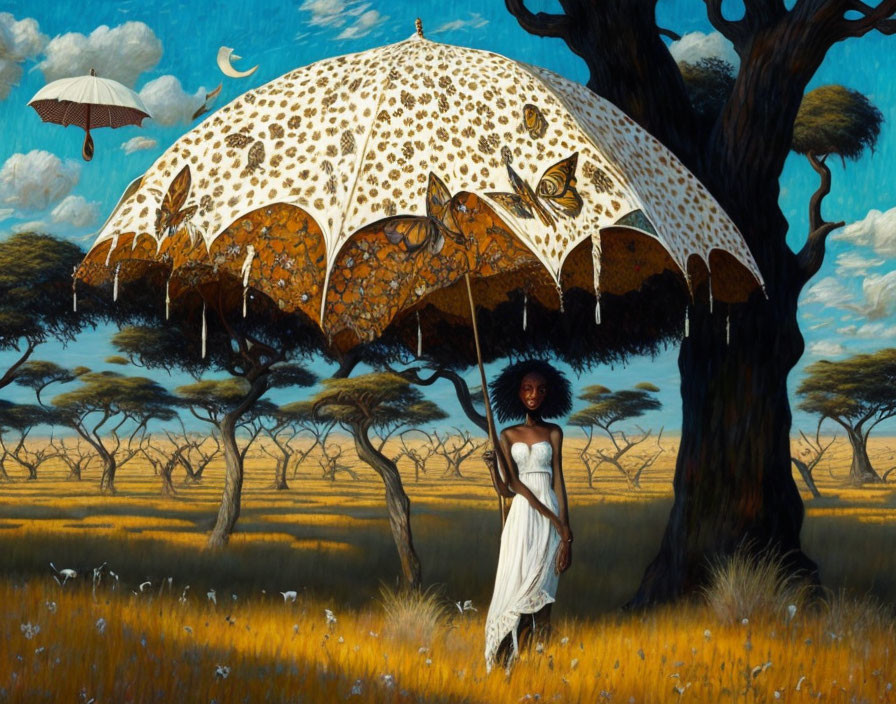 Woman under whimsical butterfly and giraffe pattern umbrella in African savanna landscape