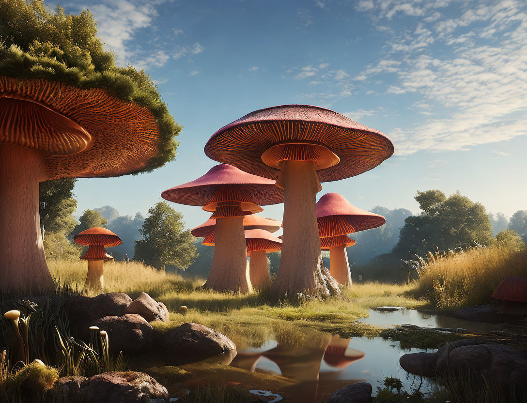 Tranquil landscape with oversized mushrooms by calm water, lush trees, and clear blue sky