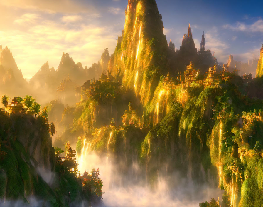 Sunlit, mist-covered mountains with lush greenery and waterfalls in a magical landscape