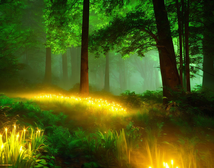 Enchanting forest scene with vibrant green foliage and glowing lights in soft fog