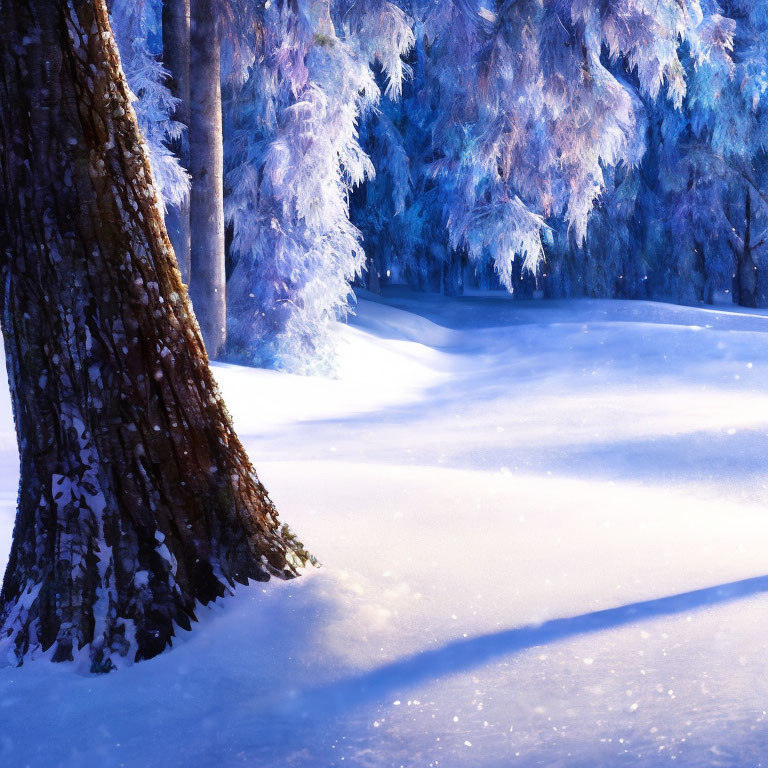 Snowy Landscape with Frost-Covered Tree Trunk and Untouched Snow