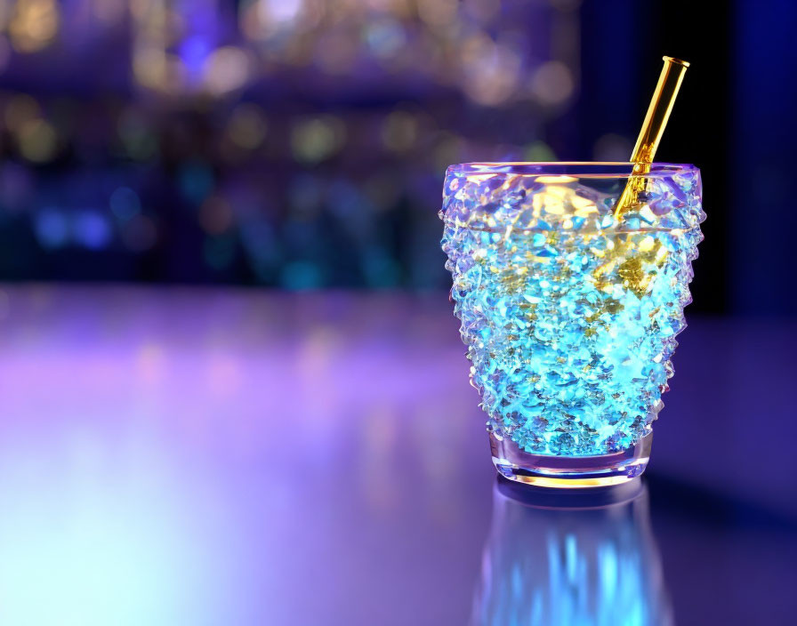 Blue Glitter Cocktail in Textured Glass with Golden Straw