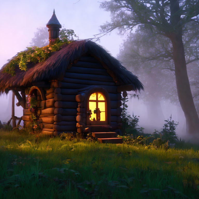 Cozy log cabin with thatched roof in misty forest clearing