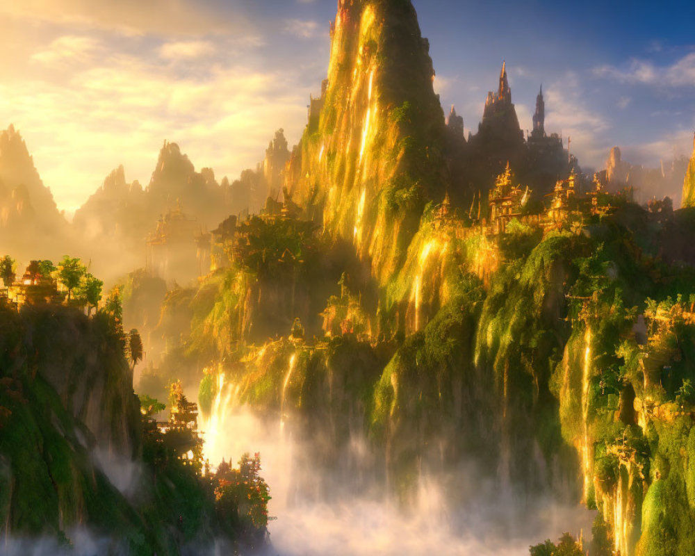 Sunlit, mist-covered mountains with lush greenery and waterfalls in a magical landscape