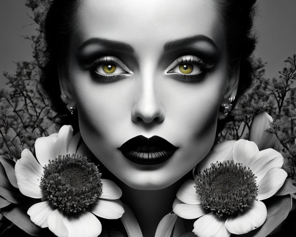 Monochrome portrait of woman with dramatic makeup and white flowers on gray background