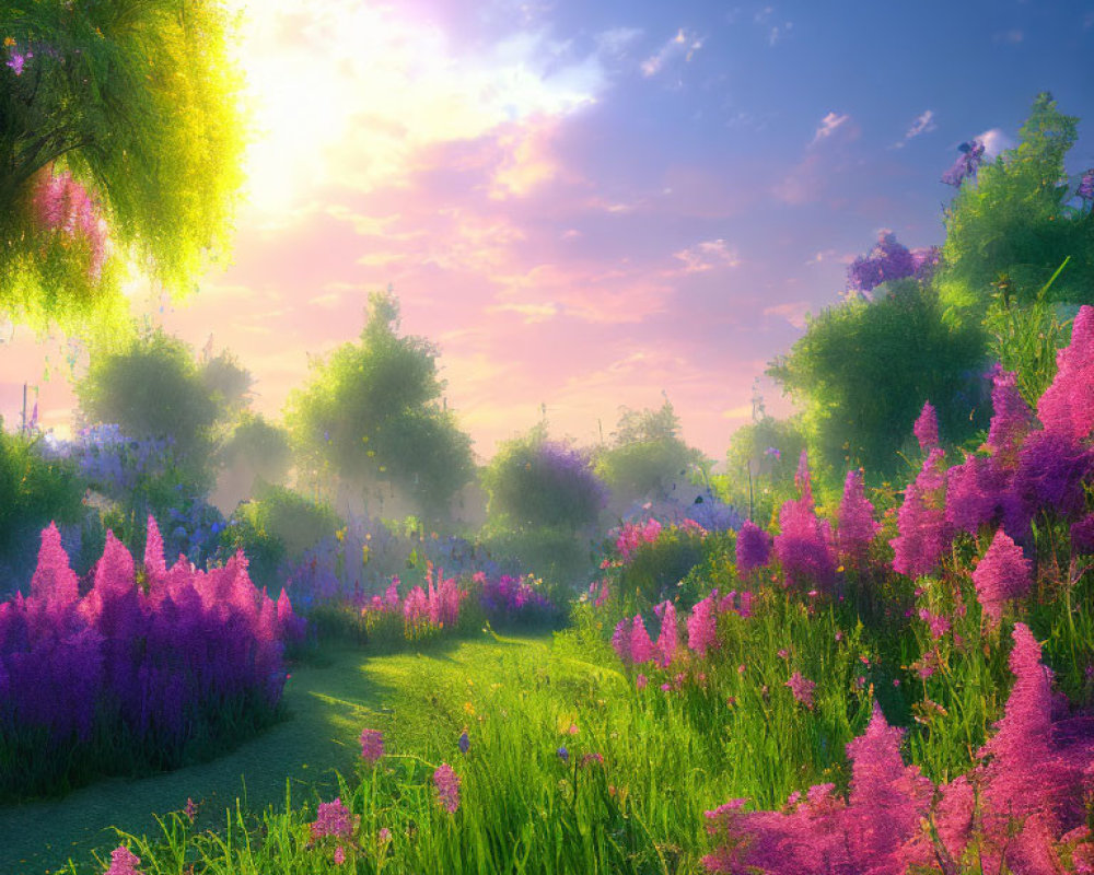 Vibrant purple flowers and lush green foliage in scenic landscape