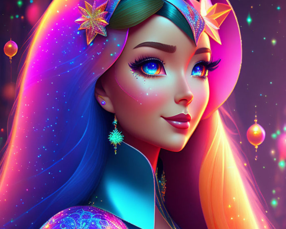 Colorful Woman with Starry Headdress and Cosmic Background