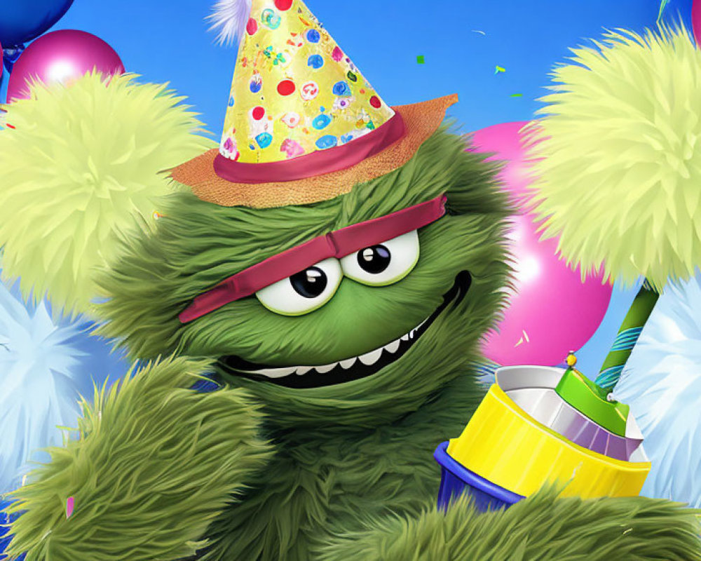 Green Monster Celebrating with Party Hat, Drumstick, Balloons, and Confetti