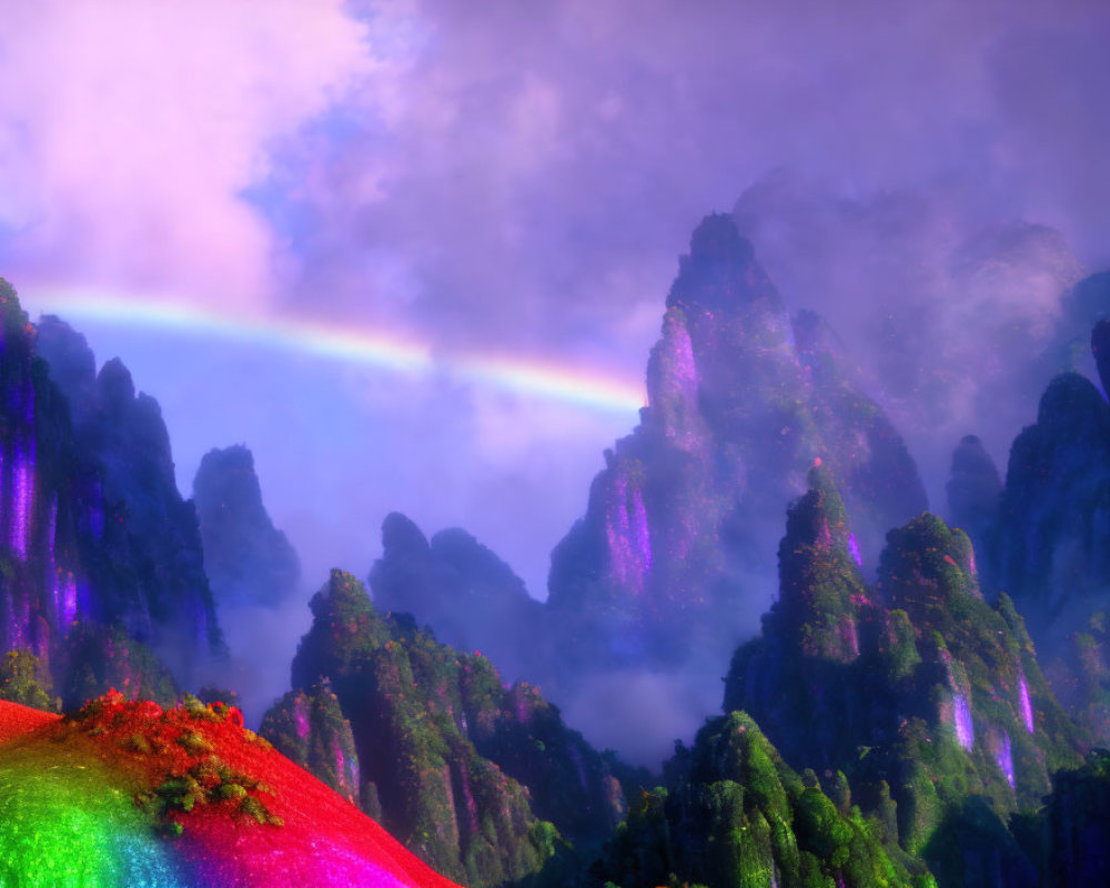 Colorful Rainbow Over Misty Forest Peaks and Flower Hill in Dreamy Purple Sky