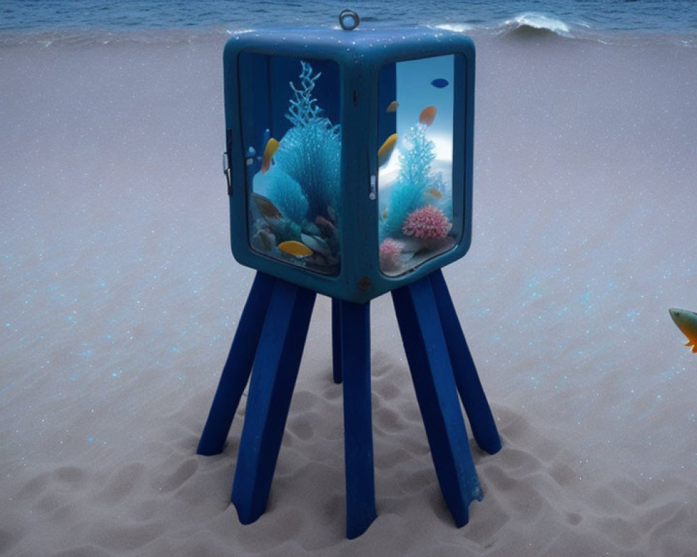 Vintage TV Set Aquarium with Colorful Fish on Sandy Beach