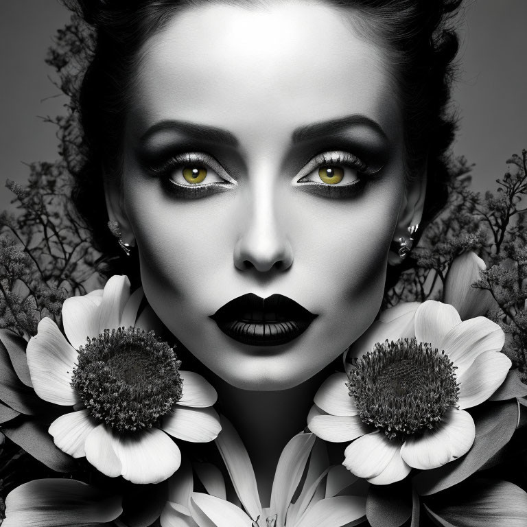 Monochrome portrait of woman with dramatic makeup and white flowers on gray background