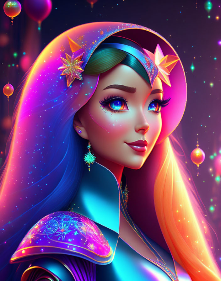 Colorful Woman with Starry Headdress and Cosmic Background