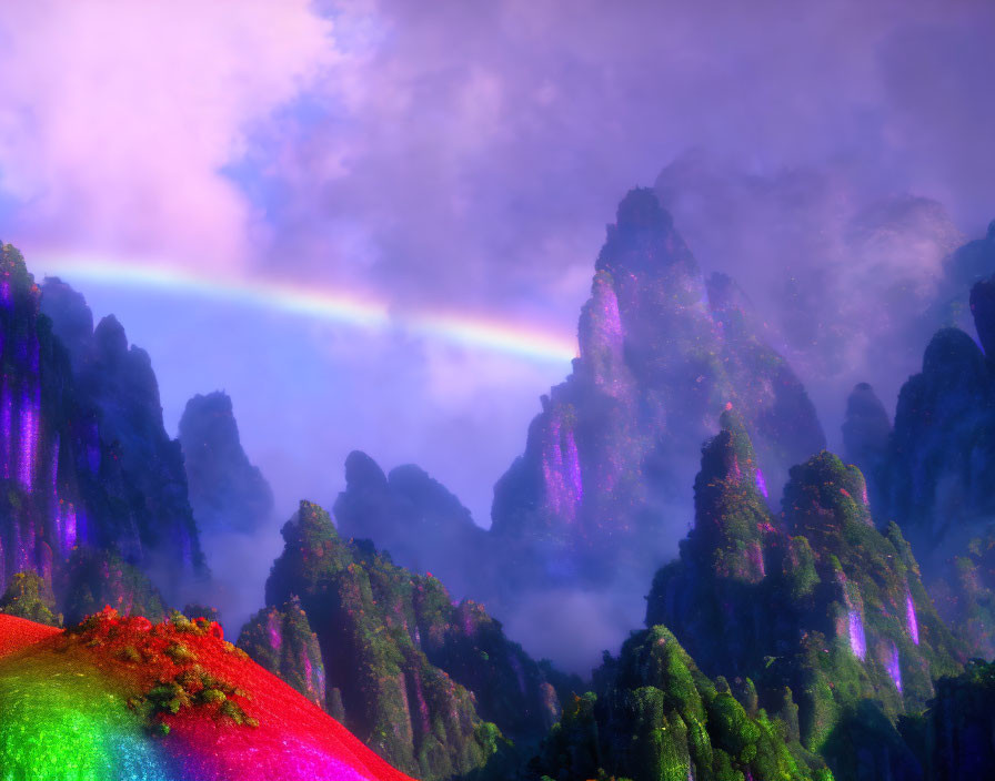 Colorful Rainbow Over Misty Forest Peaks and Flower Hill in Dreamy Purple Sky