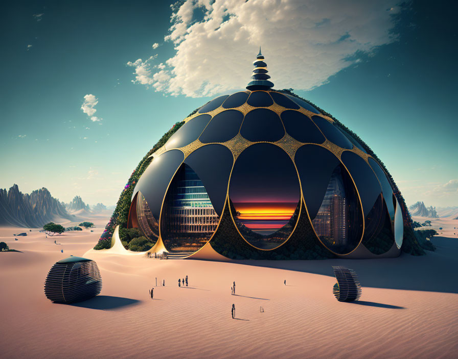 Futuristic dome structure in desert landscape with spherical sections and central tower.