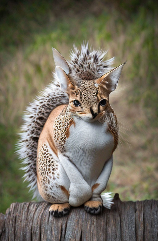 Hybrid creature with lynx head, owl body, and porcupine tail on wooden beam