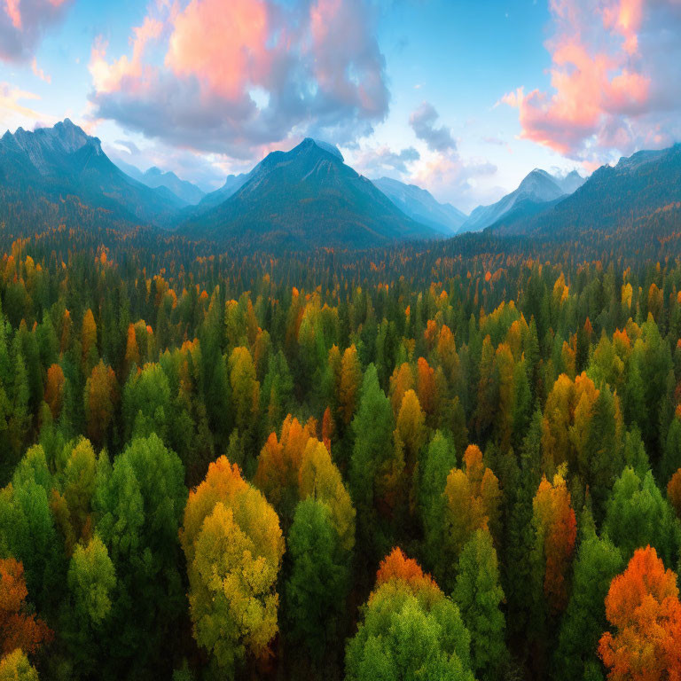 Panoramic autumn forest landscape with colorful foliage and mountain backdrop