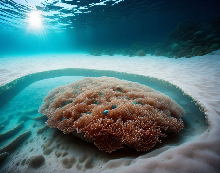 Colorful coral reef scene with large dome-shaped coral in clear blue water