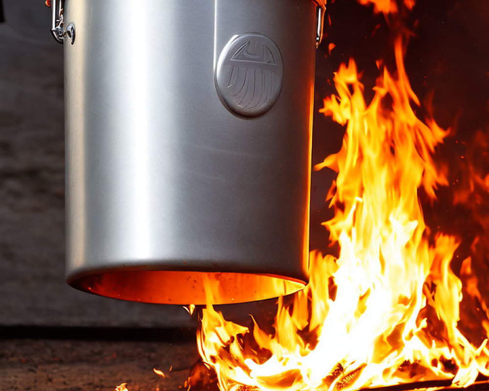 Metal trash can over flames with latch and logo