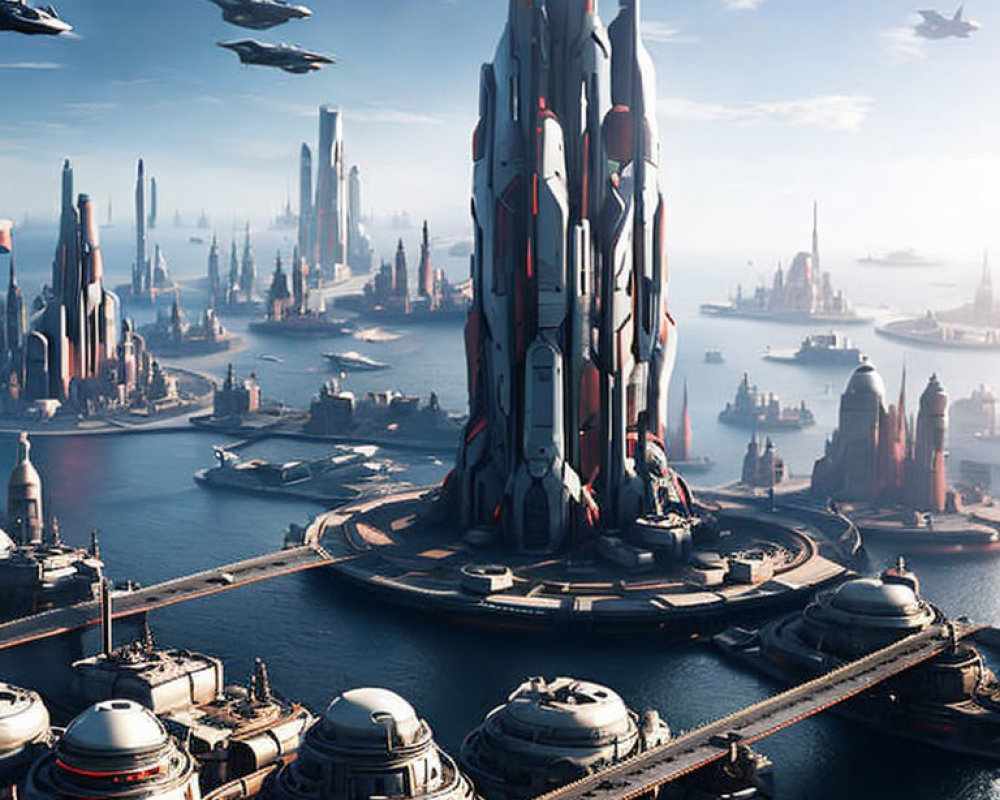 Futuristic cityscape with towering skyscrapers and flying vehicles