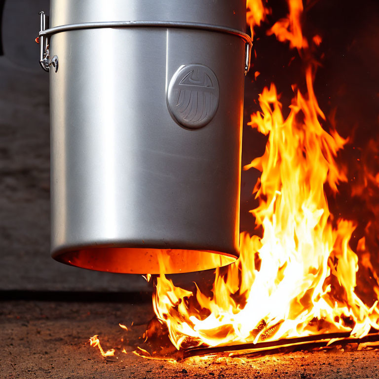 Metal trash can over flames with latch and logo