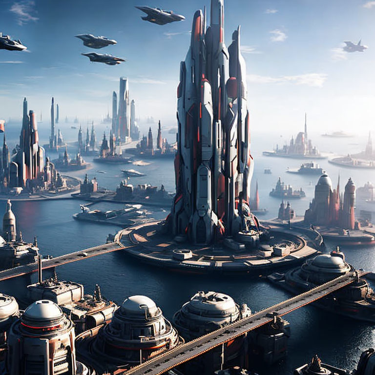 Futuristic cityscape with towering skyscrapers and flying vehicles