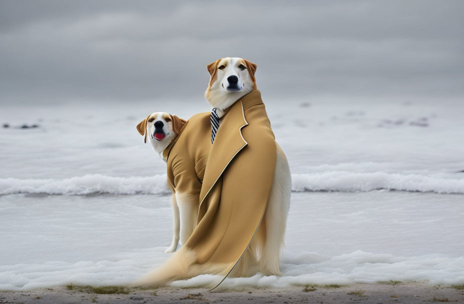 Two dogs on beach in human attire, one in suit and tie, other peeking.