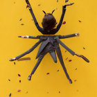 3D paper spider art on bright yellow background with scattered autumn leaves