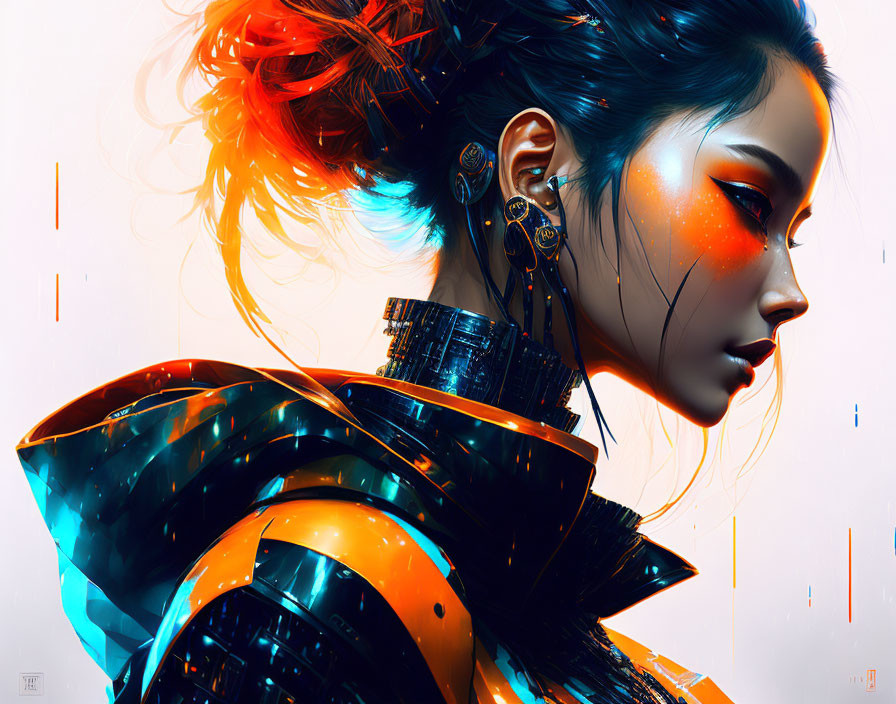 Futuristic digital artwork of woman with cybernetic enhancements